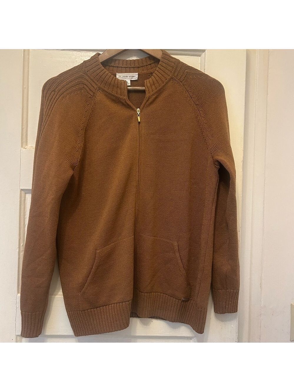 St John Spirit Santana Knit Zip Up Cardigan Brown Sweater Fall Layer Cosy